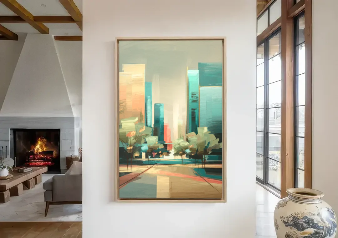 Dallas Arts District canvas wall art in a living room with a fireplace