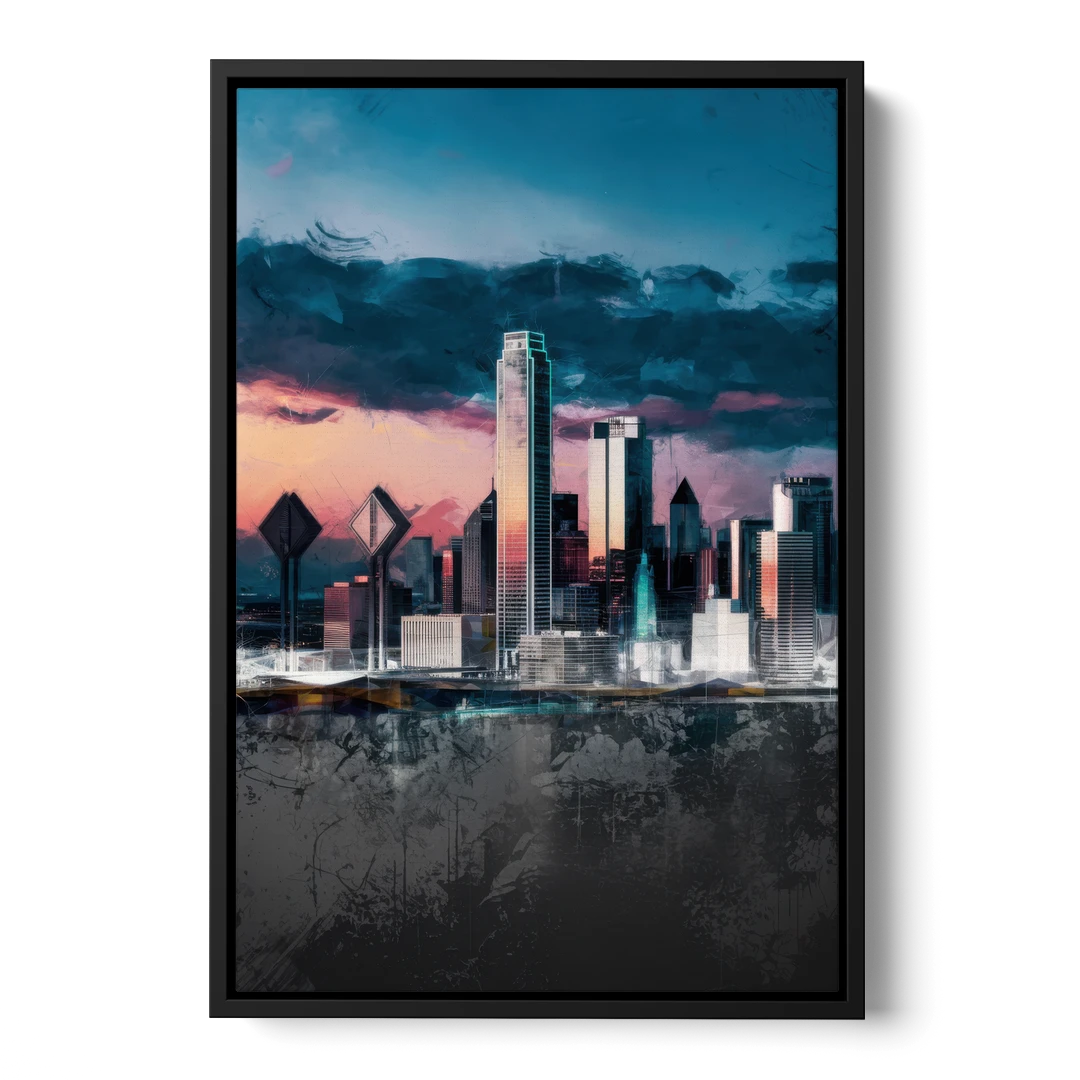 Dallas Cityscape Panorama - Black Framed Canvas Wall Art - Front