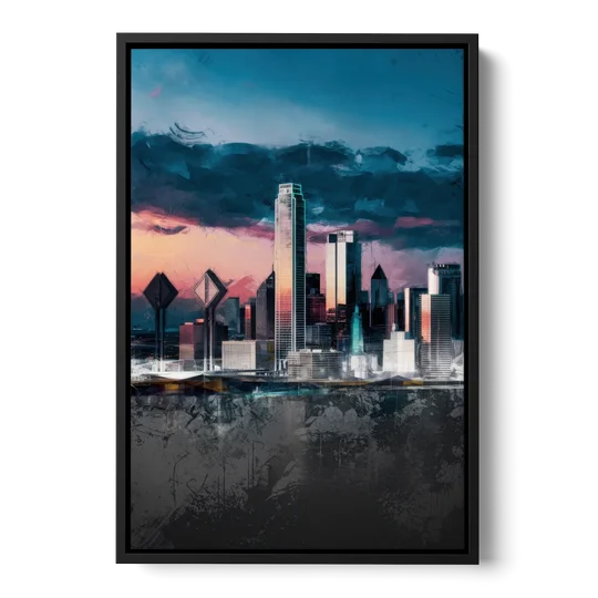 Dallas Cityscape Panorama - Black Framed Canvas Wall Art - Front