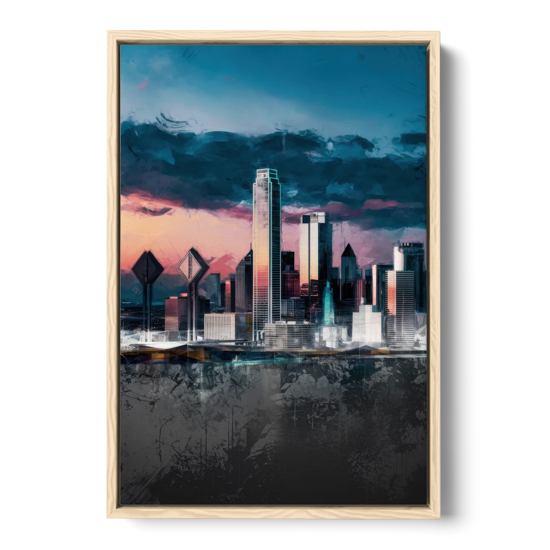Dallas Cityscape Panorama - Oak Framed Canvas Wall Art - Front