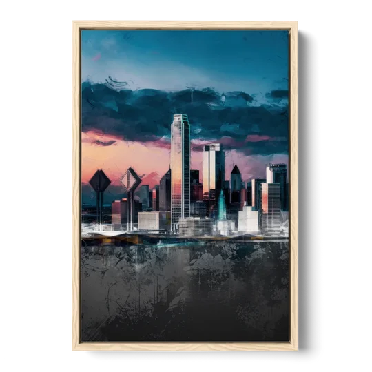 Dallas Cityscape Panorama - Oak Framed Canvas Wall Art - Front