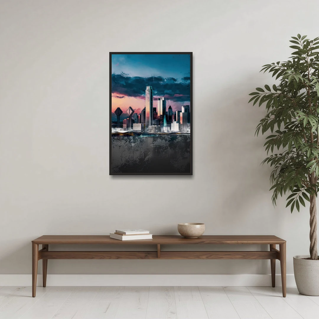 Dallas Cityscape Panorama - Black Framed Canvas Wall Art - Coffee Table - 24x36
