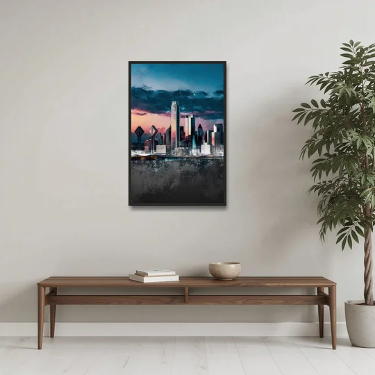 Dallas Cityscape Panorama - Black Framed Canvas Wall Art - Coffee Table - 24x36