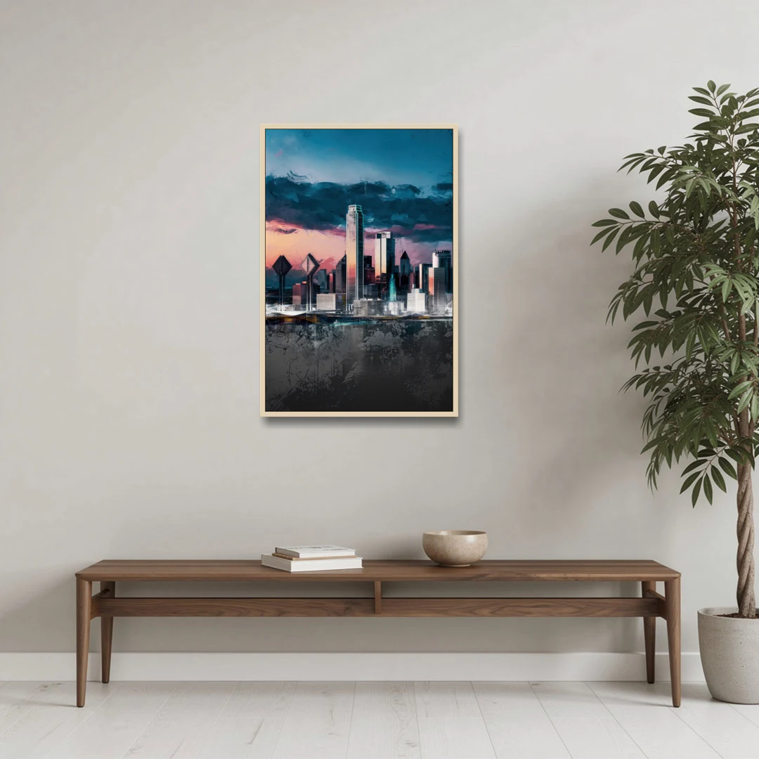 Dallas Cityscape Panorama - Oak Framed Canvas Wall Art - Coffee Table - 24x36