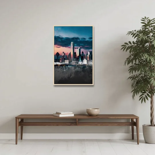 Dallas Cityscape Panorama - Oak Framed Canvas Wall Art - Coffee Table - 24x36