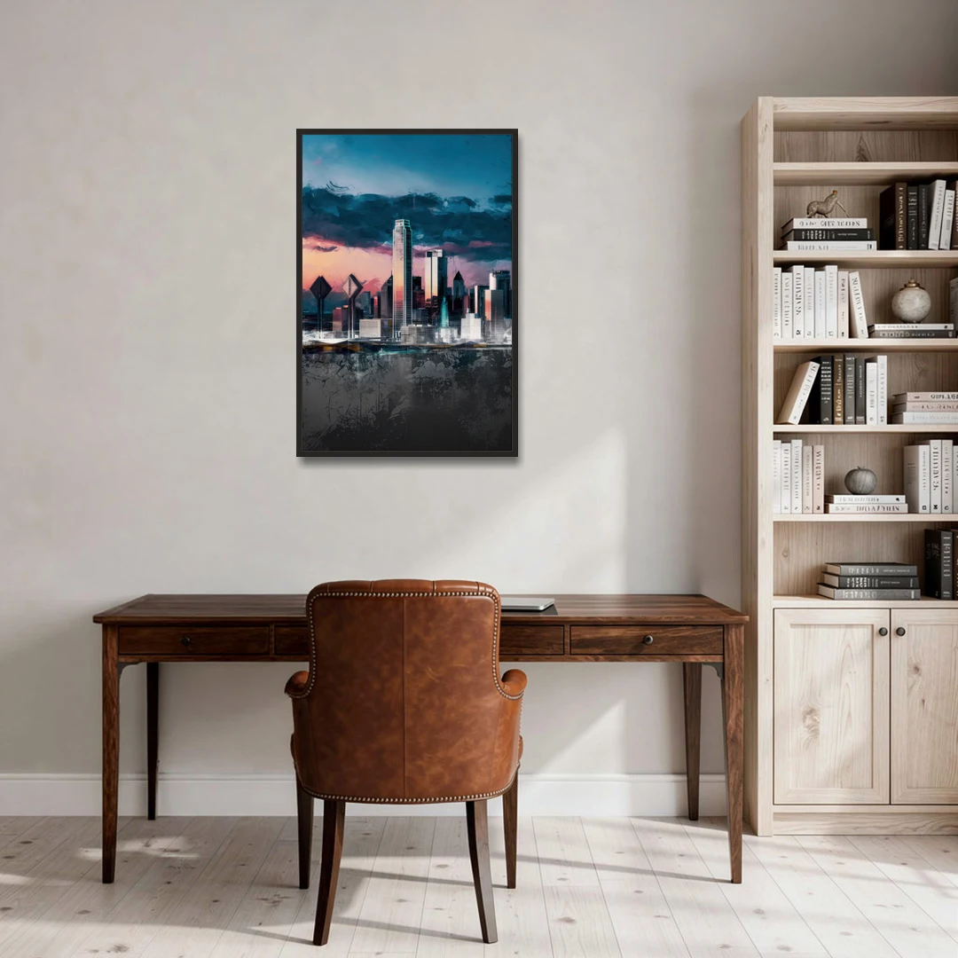Dallas Cityscape Panorama - Black Framed Canvas Wall Art - Office - 24x36