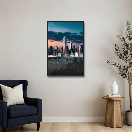 Dallas Cityscape Panorama - Black Framed Canvas Wall Art - Sofa - 24x36