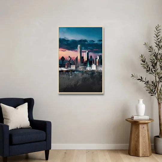 Dallas Cityscape Panorama - Oak Framed Canvas Wall Art - Sofa - 24x36