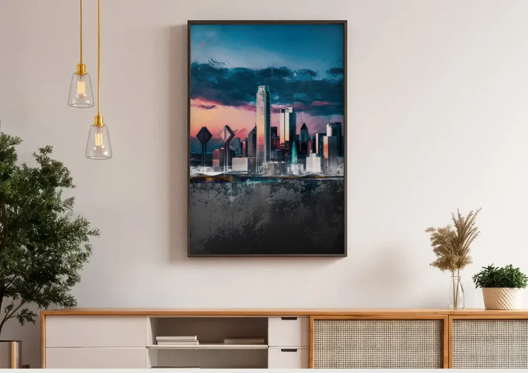 Dallas Cityscape Panorama canvas wall art above a wooden sideboard under pendant lights