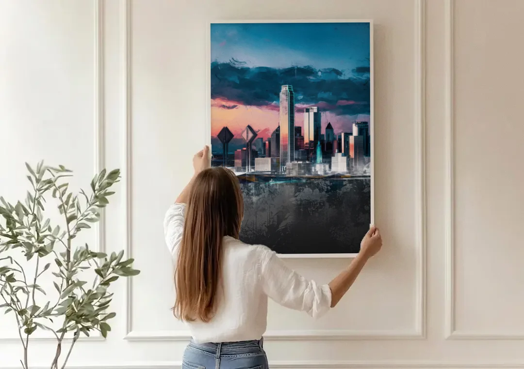 Dallas Cityscape Panorama canvas wall art being hung on a paneled wall