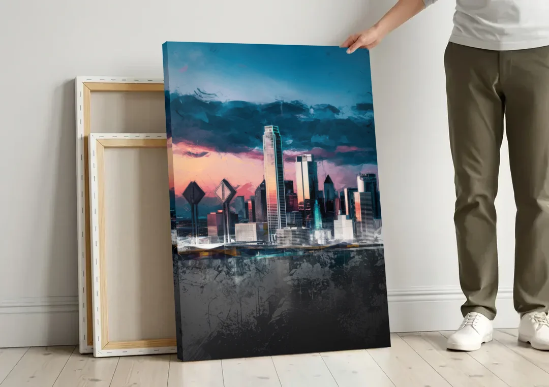 Dallas Cityscape Panorama canvas wall art leaning against a wall next to blank canvases