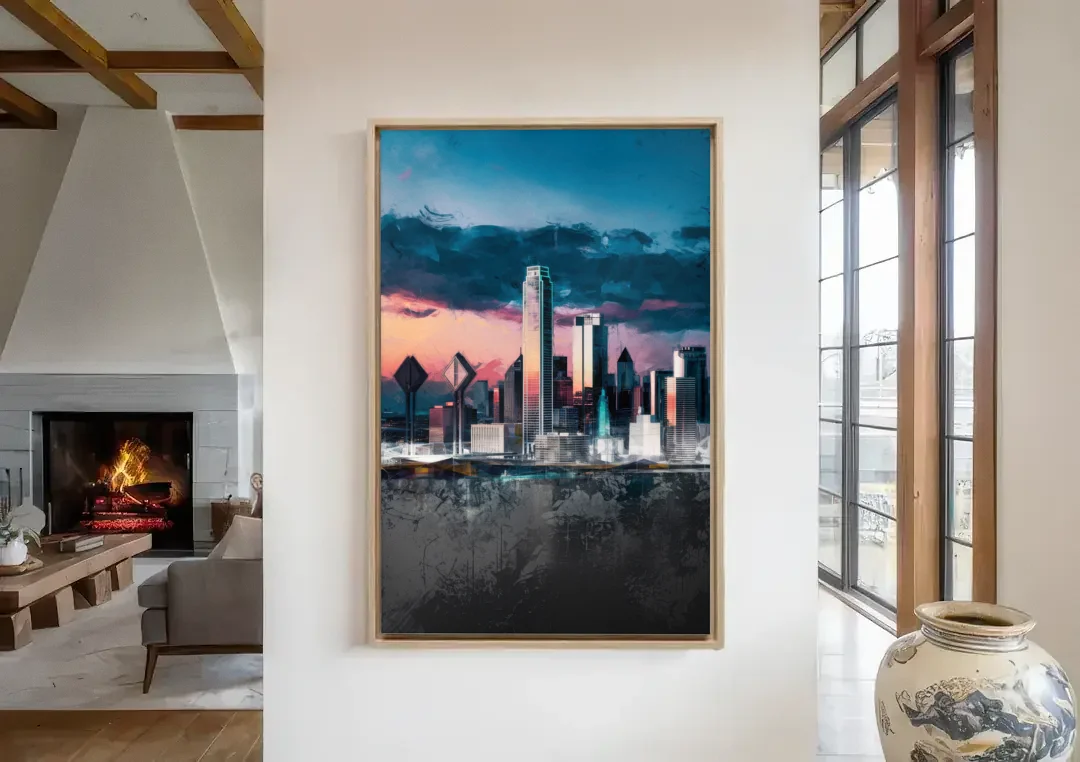 Dallas Cityscape Panorama canvas wall art in a living room with a fireplace