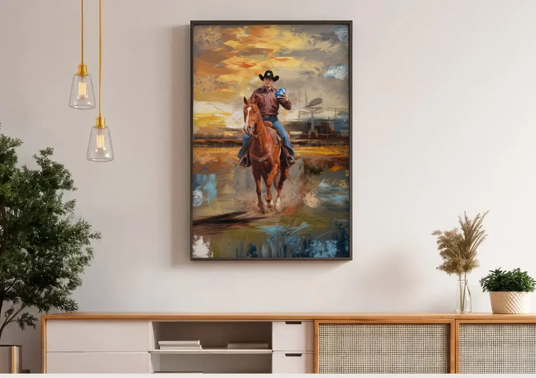 Dallas Cowboy Culture canvas wall art above a wooden sideboard under pendant lights