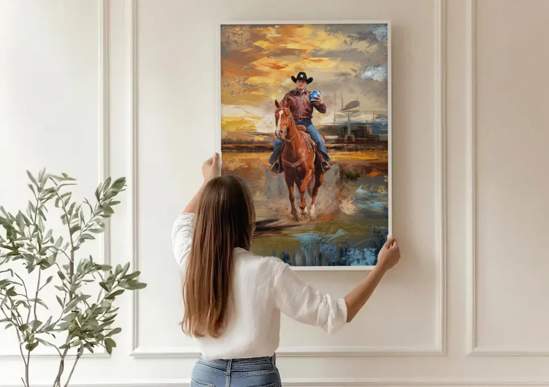 Dallas Cowboy Culture canvas wall art being hung on a paneled wall