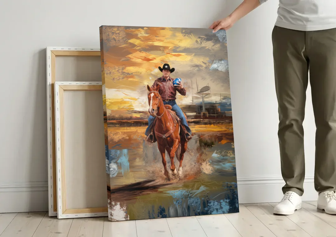 Dallas Cowboy Culture canvas wall art leaning against a wall next to blank canvases