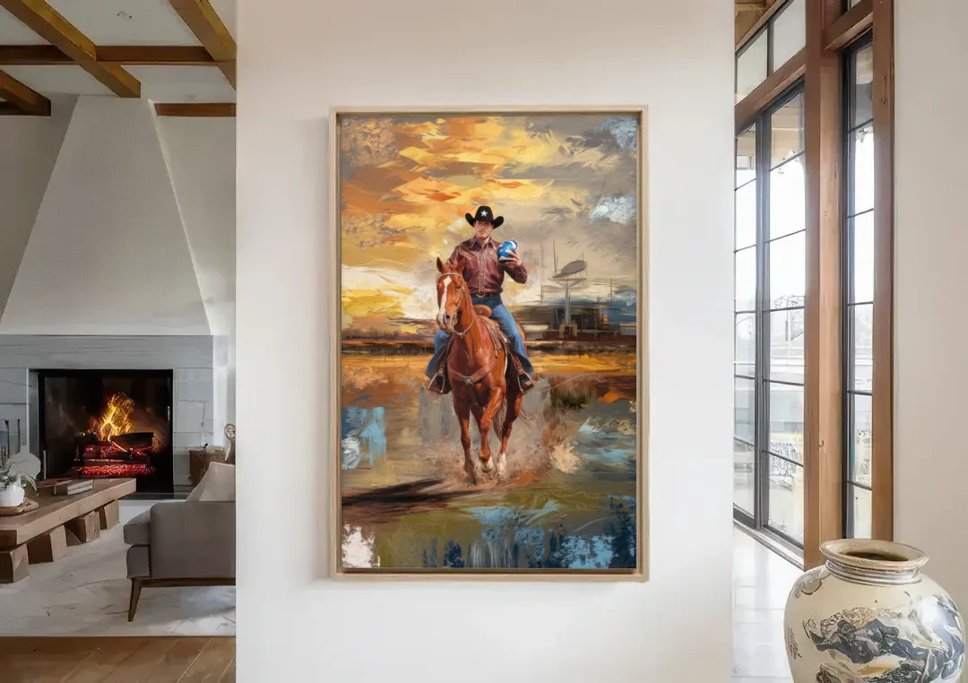 Dallas Cowboy Culture canvas wall art in a living room with a fireplace