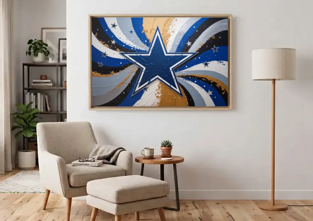 Dallas Cowboys Abstraction Energetic Team Spirit in Blue  Silver canvas wall art above an armchair in a bright living room