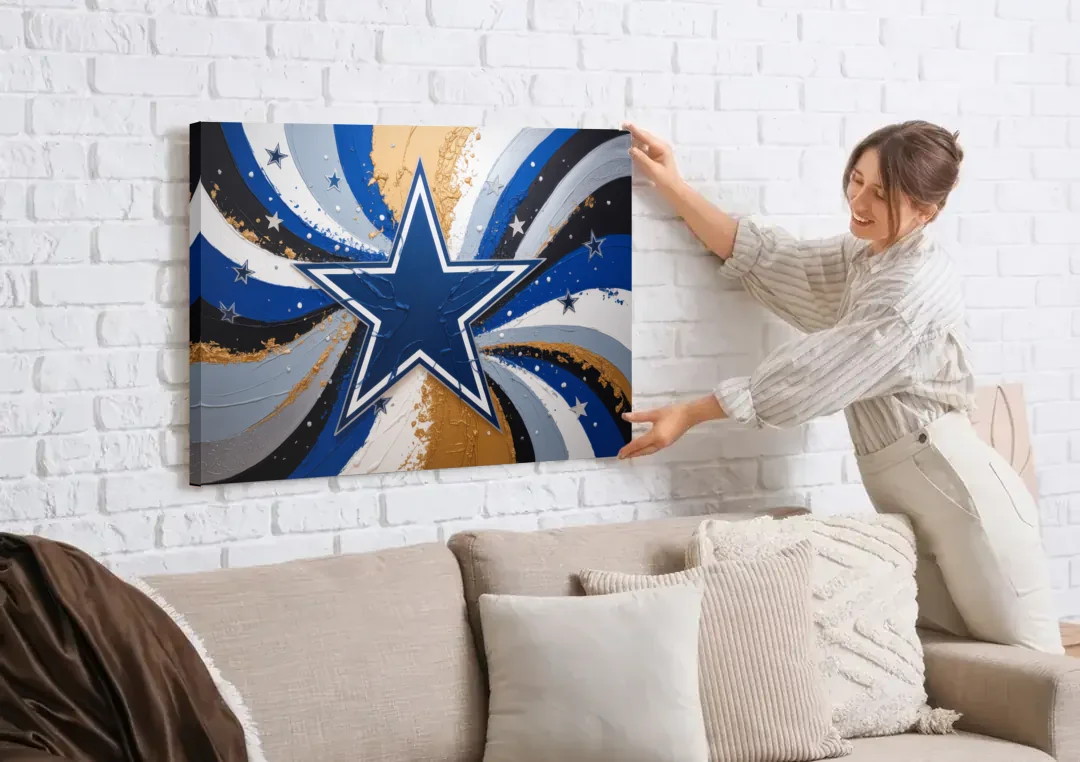 Dallas Cowboys Abstraction Energetic Team Spirit in Blue  Silver canvas wall art being hung on a white brick wall above a sofa