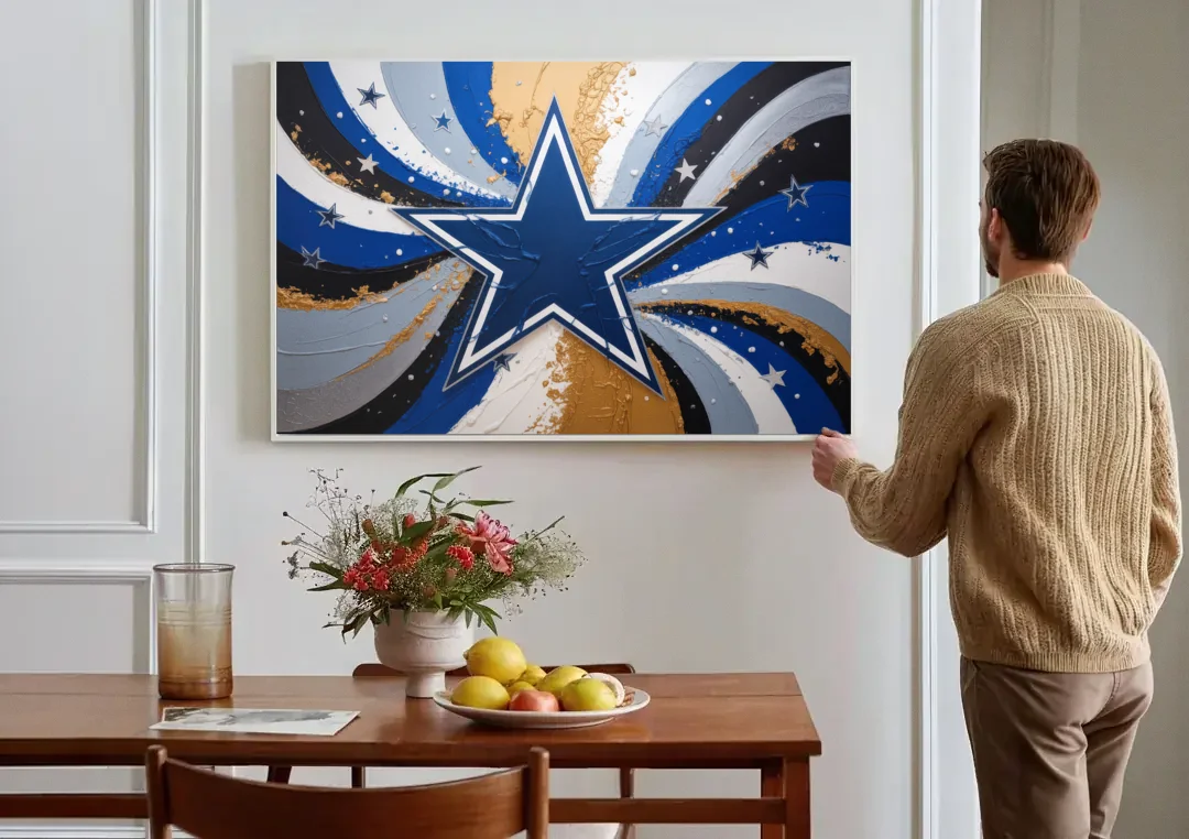 Dallas Cowboys Abstraction Energetic Team Spirit in Blue  Silver canvas wall art above a dining table
