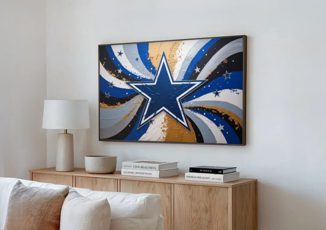Dallas Cowboys Abstraction Energetic Team Spirit in Blue  Silver canvas wall art above a wooden sideboard next to a sofa