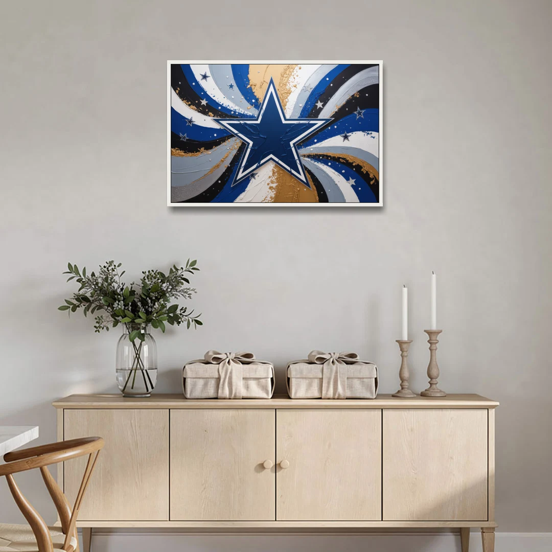 Dallas Cowboys Abstraction Energetic Team Spirit in Blue  Silver - White Framed Canvas Wall Art - Coffee Table - 36x24