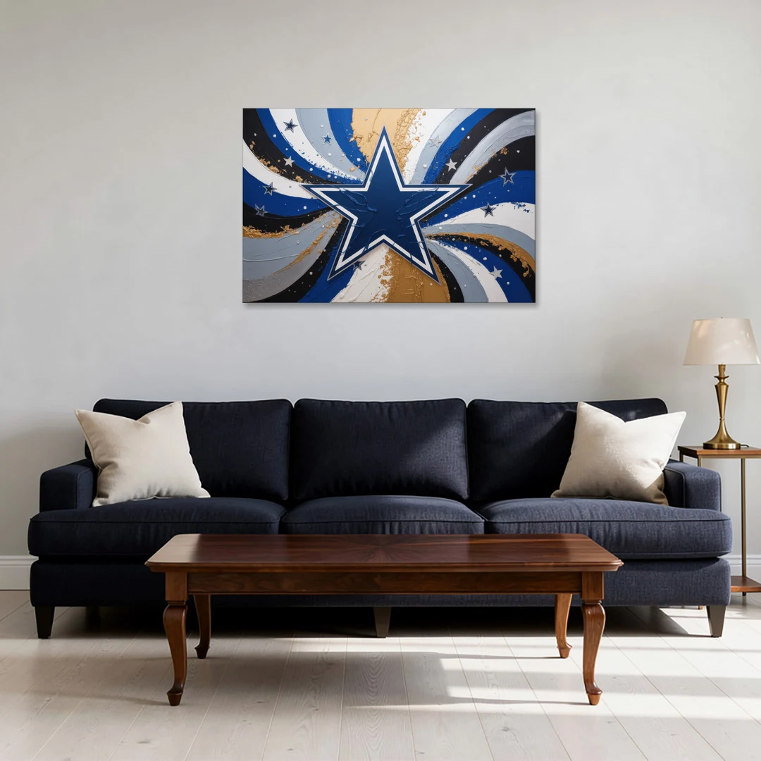 Dallas Cowboys Abstraction Energetic Team Spirit in Blue  Silver - Canvas Wall Art - Sofa - 36x24