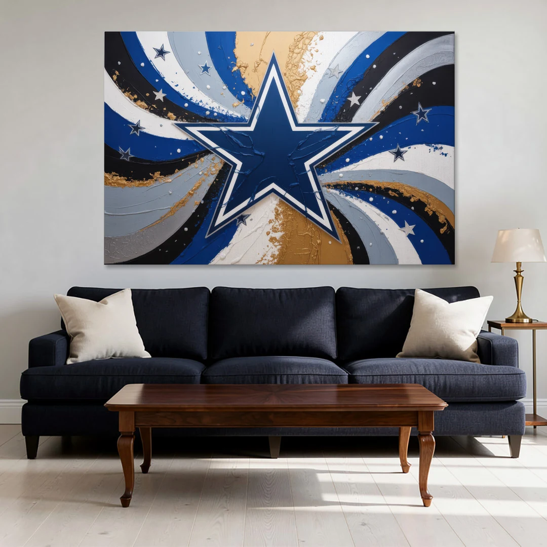 Dallas Cowboys Abstraction Energetic Team Spirit in Blue  Silver - Canvas Wall Art - Sofa - 60x40