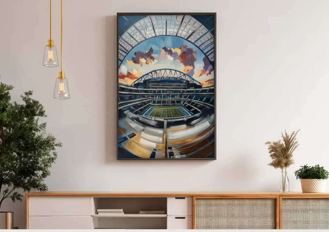 Dallas Cowboys Stadium canvas wall art above a wooden sideboard under pendant lights
