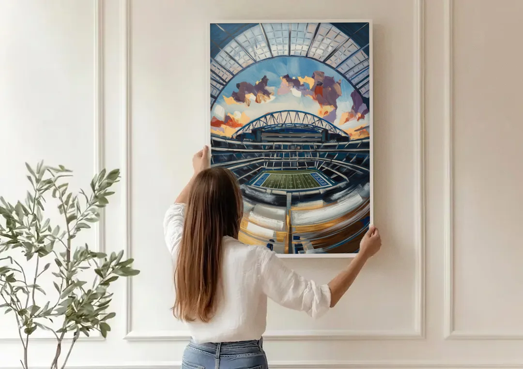 Dallas Cowboys Stadium canvas wall art being hung on a paneled wall
