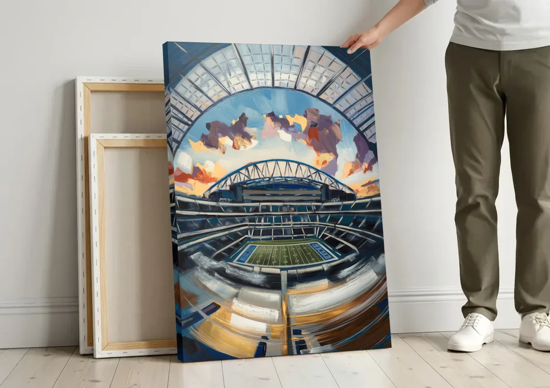 Dallas Cowboys Stadium canvas wall art leaning against a wall next to blank canvases