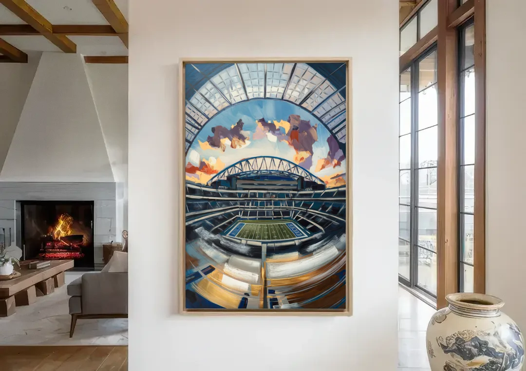 Dallas Cowboys Stadium canvas wall art in a living room with a fireplace