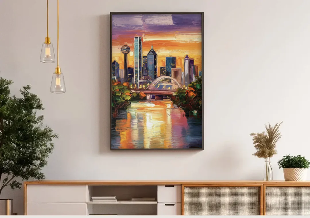 Dallas Cultural Heritage canvas wall art above a wooden sideboard under pendant lights