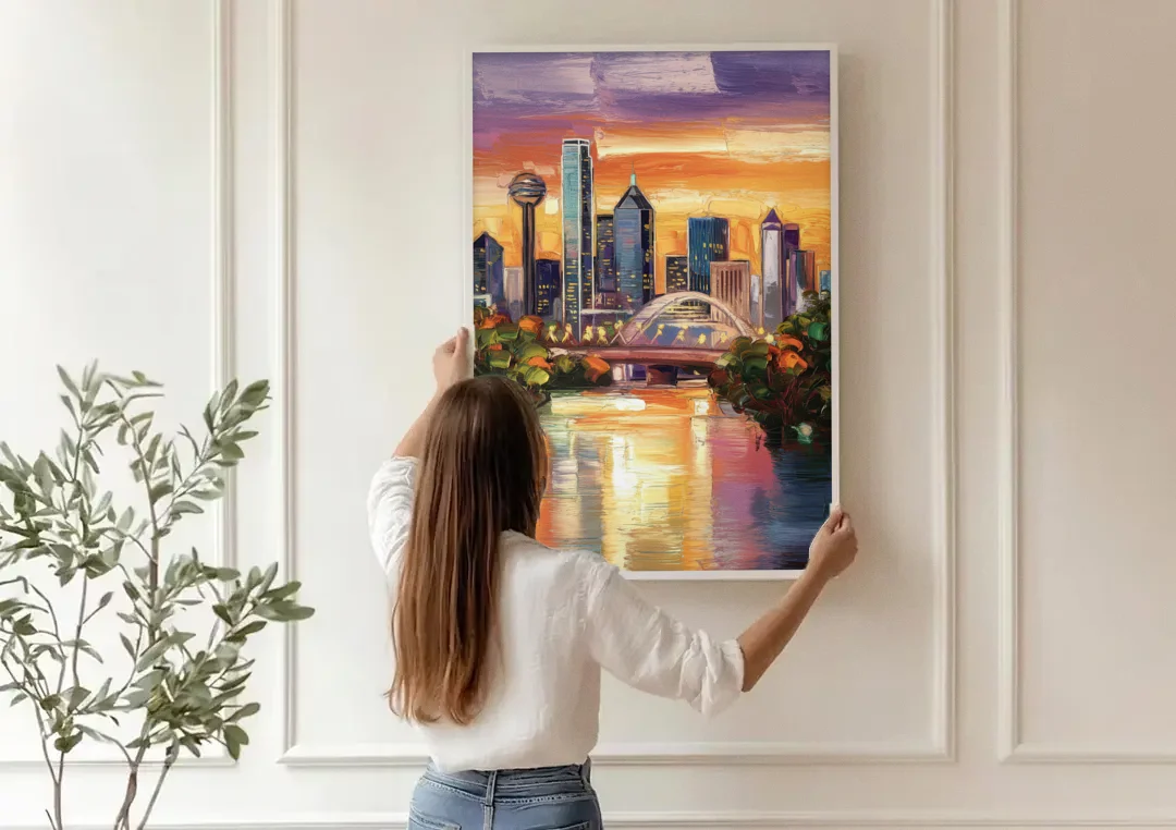 Dallas Cultural Heritage canvas wall art being hung on a paneled wall