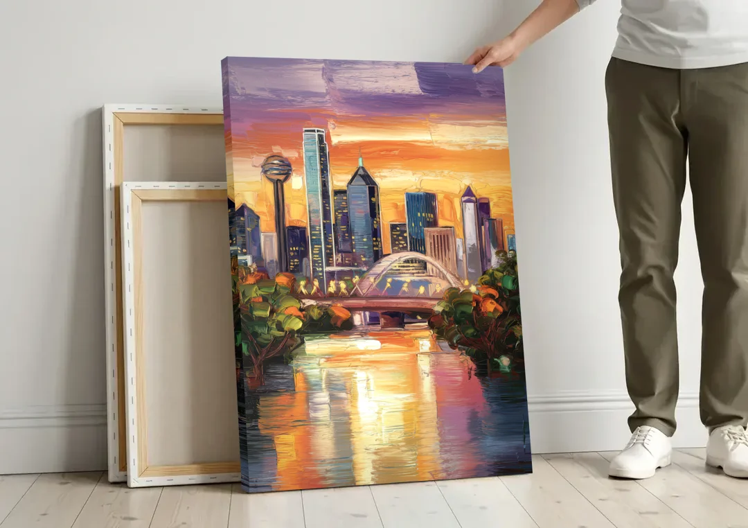 Dallas Cultural Heritage canvas wall art leaning against a wall next to blank canvases