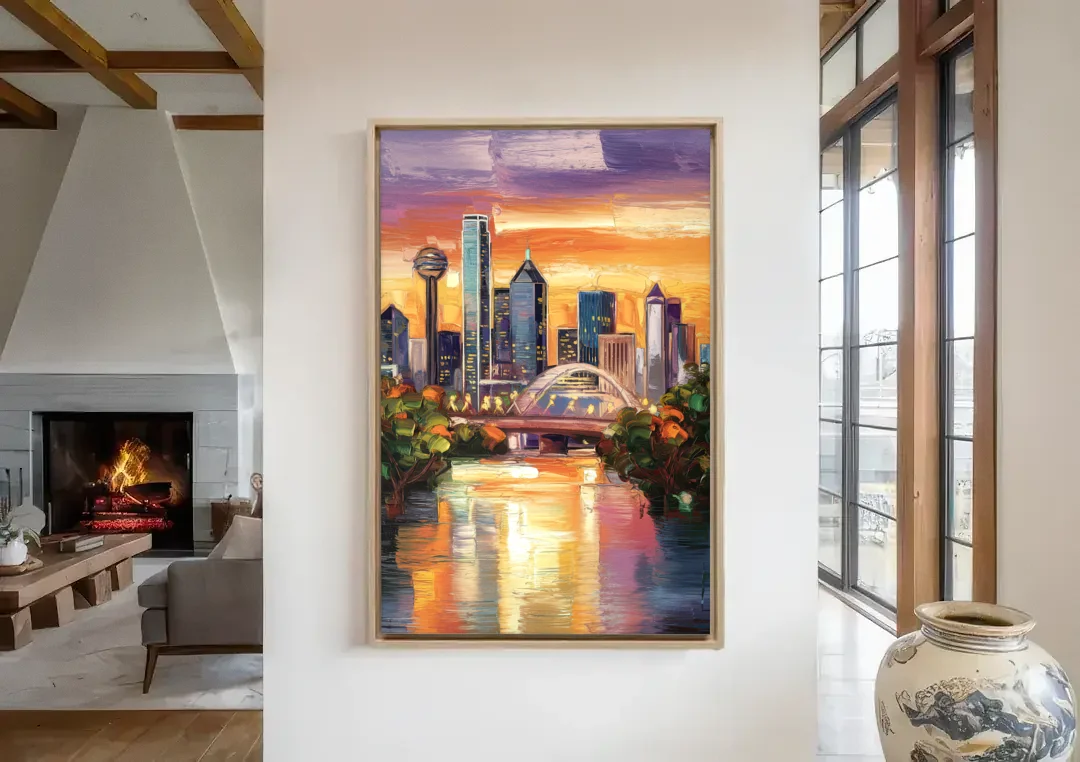 Dallas Cultural Heritage canvas wall art in a living room with a fireplace