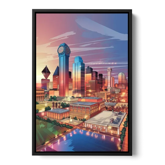Dallas Downtown Views - Black Framed Canvas Wall Art - Front