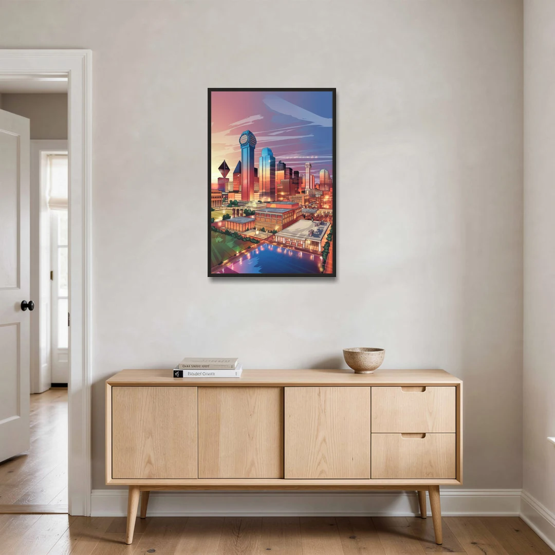 Dallas Downtown Views - Black Framed Canvas Wall Art - Coffee Table - 24x36
