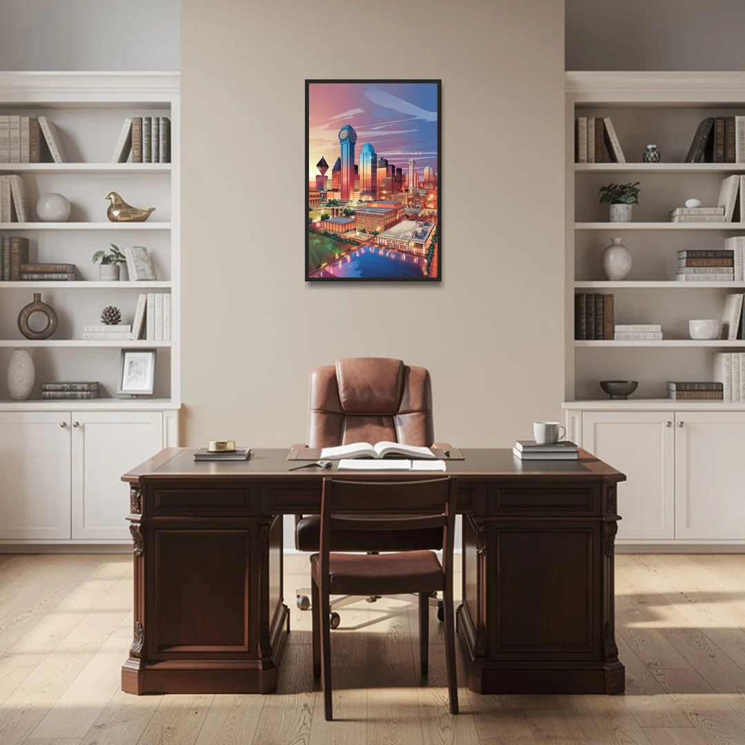 Dallas Downtown Views - Black Framed Canvas Wall Art - Office - 24x36