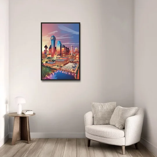 Dallas Downtown Views - Black Framed Canvas Wall Art - Sofa - 24x36