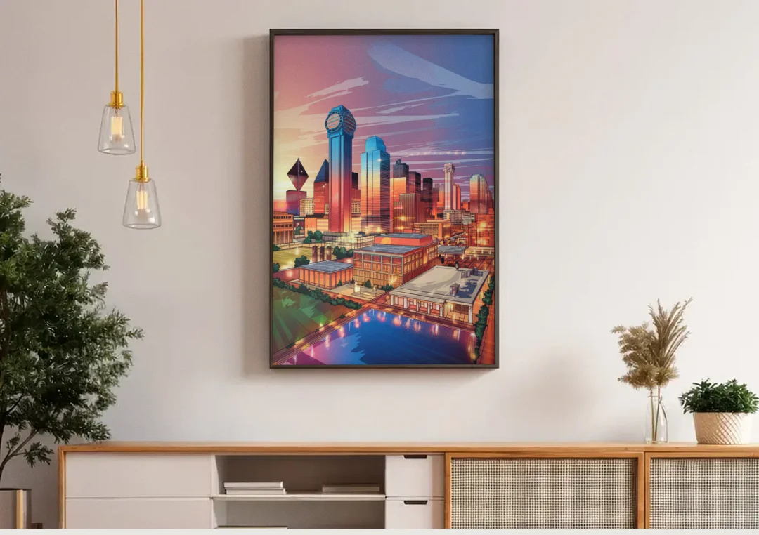 Dallas Downtown Views canvas wall art above a wooden sideboard under pendant lights