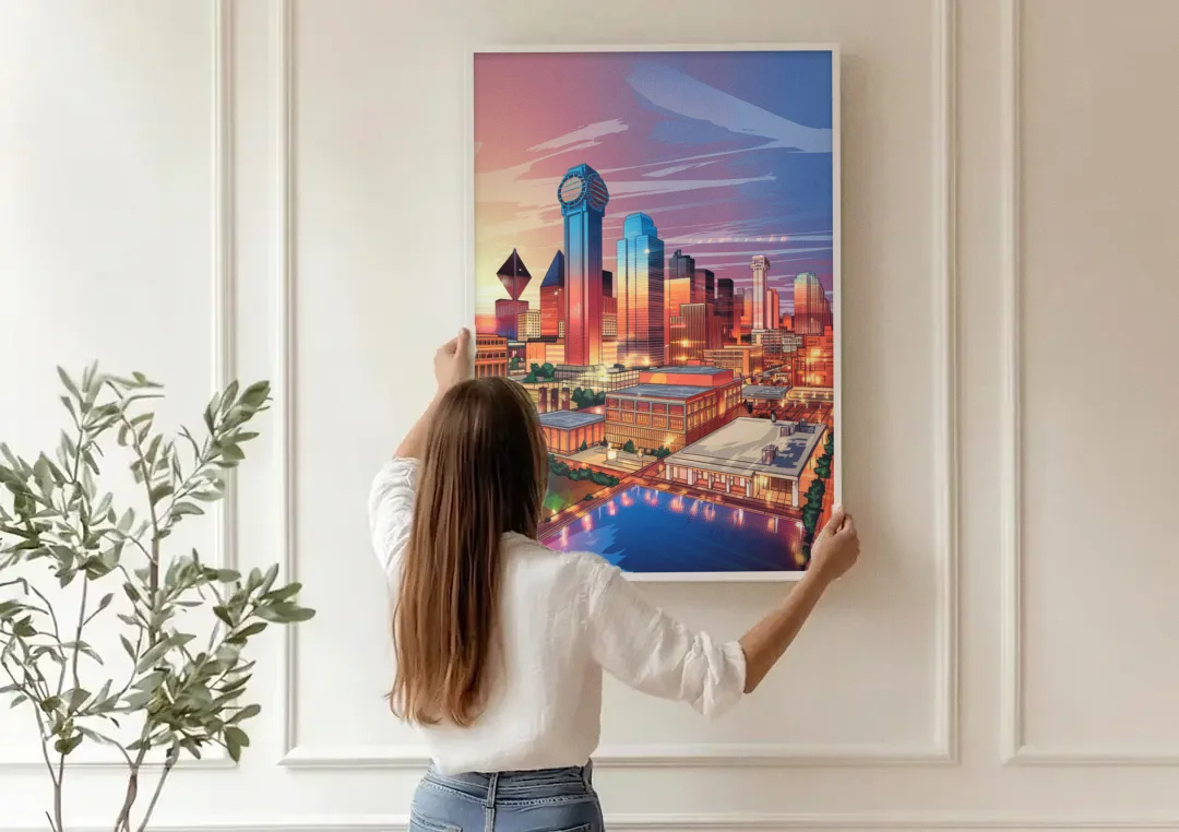 Dallas Downtown Views canvas wall art being hung on a paneled wall
