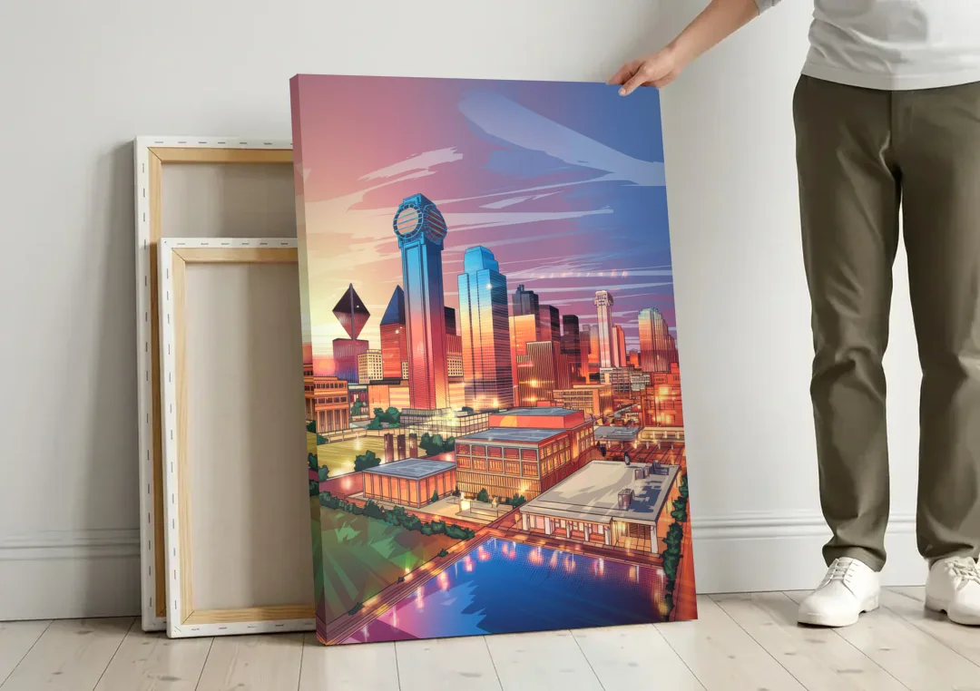 Dallas Downtown Views canvas wall art leaning against a wall next to blank canvases