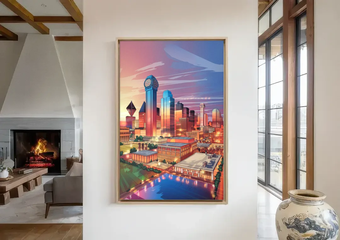 Dallas Downtown Views canvas wall art in a living room with a fireplace