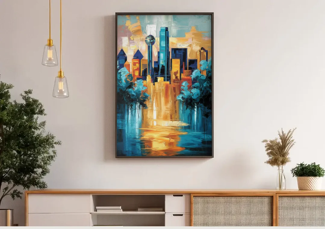Dallas Historic Landmarks canvas wall art above a wooden sideboard under pendant lights