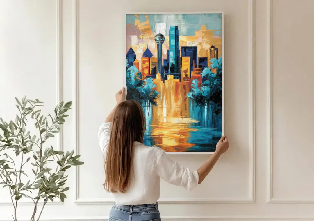 Dallas Historic Landmarks canvas wall art being hung on a paneled wall