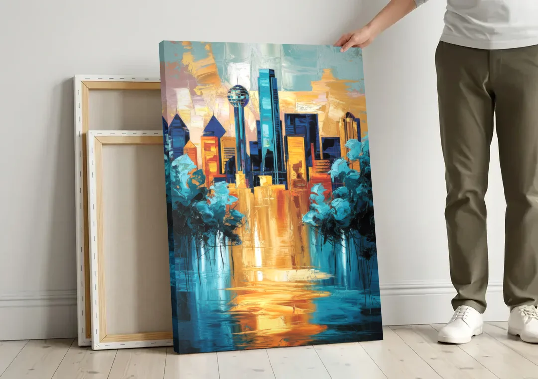 Dallas Historic Landmarks canvas wall art leaning against a wall next to blank canvases