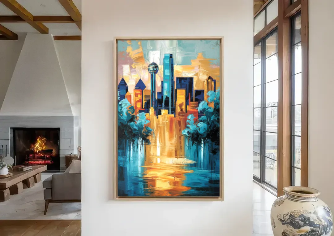 Dallas Historic Landmarks canvas wall art in a living room with a fireplace