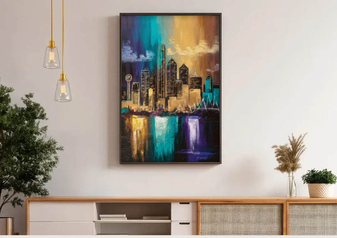 Dallas Iconic Skyline canvas wall art above a wooden sideboard under pendant lights