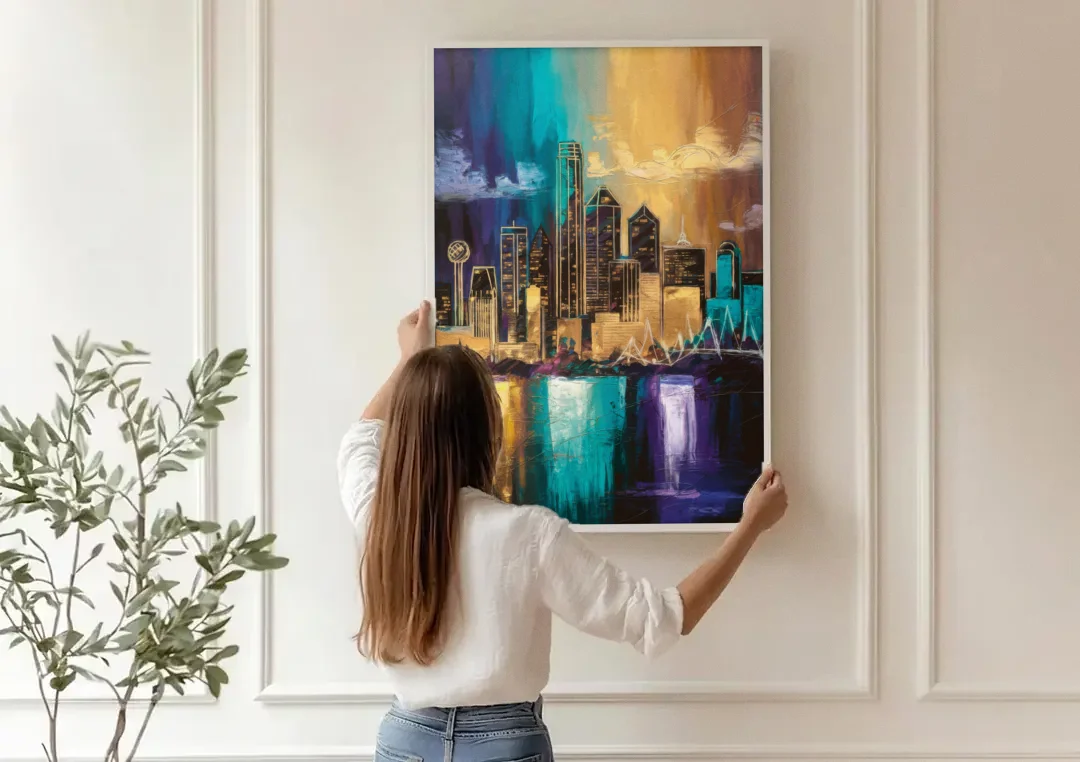 Dallas Iconic Skyline canvas wall art being hung on a paneled wall