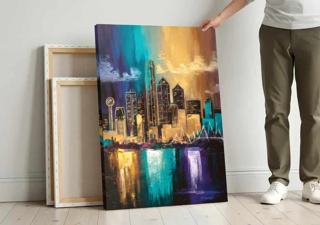 Dallas Iconic Skyline canvas wall art leaning against a wall next to blank canvases
